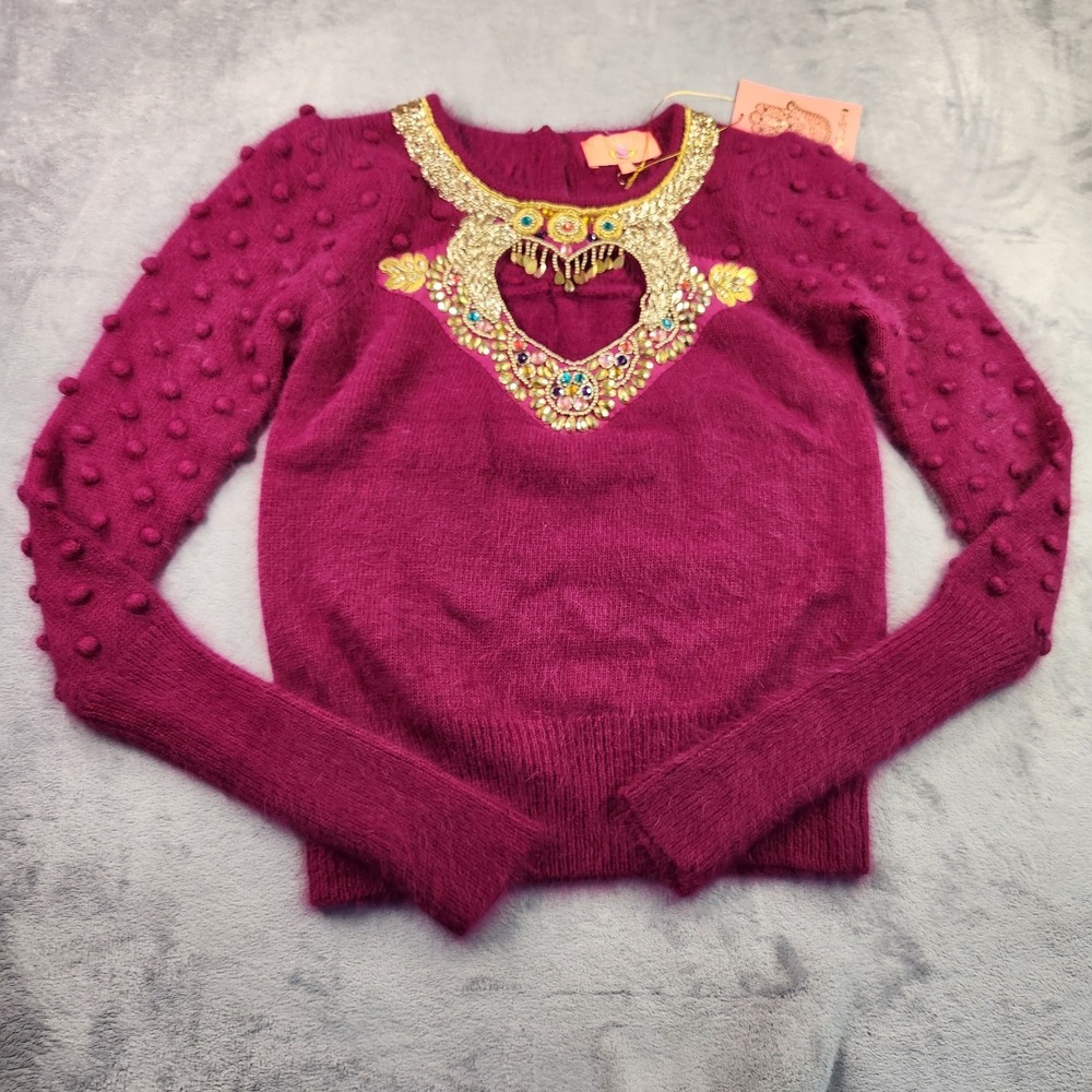 New Manoush Magenta Angora Rhinestone Heart Embellished Bobble Knit Sweater S